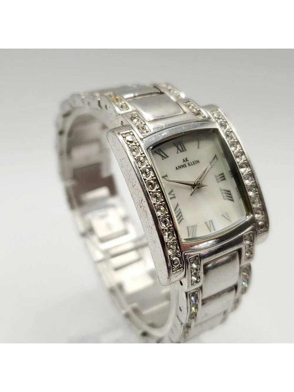 Anne Klein Watch Women 24mm New Battery Silver Tone Rhinestone Roman Numerals